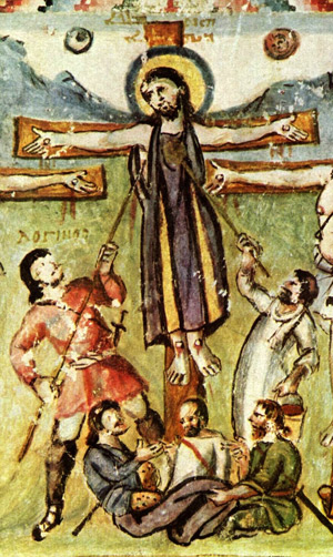 Ausschnitt aus dem Rabula-Evangelium, Szene: Kreuzigung, 586, Buchmalerei, im Johanneskloster in Zagba entstanden