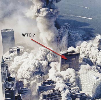 'Fire Storm: WTC 7 stands amid the rubble of the recently collapsed Twin Towers.', Photograph by New York Office of Emergency Management, Federal Emergency Management Agency (Johnny Galt, 2007)