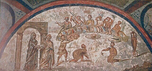 'Painting of a feast / Early Christian catacombs / Paleochristian art. Tomb of Vibia - Catacumbes of Domitila - Rome. Paradise Sacred (Banquet Justos Anunciacio?)